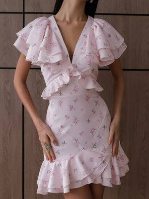 Floral Print Ruffled V-neck Mini&Short Dresses