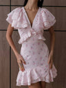 Floral Print Ruffled V-neck Mini&Short Dresses