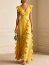 Solid Color Pleated Short Sleeve V-neck Chiffon Long Dress
