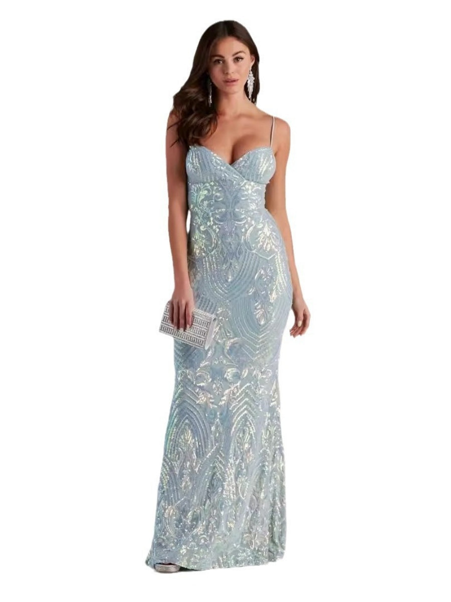 Liber Autumn women's sequins V-neck suspender long dress
