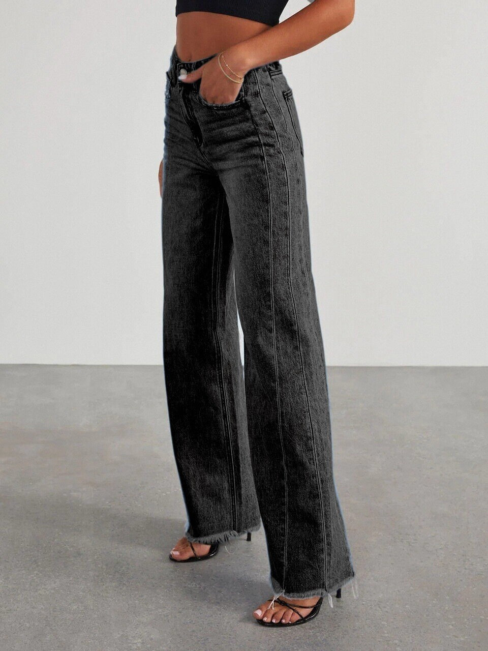 Wide-leg Side Seam Splicing Ground Edge Hem Pocket Jeans