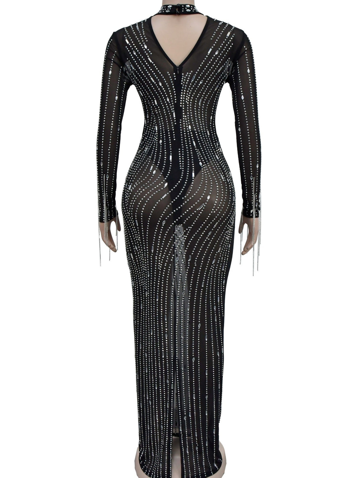 Robe maxi brillante à manches longues en résille et strass, idéale pour les soirées