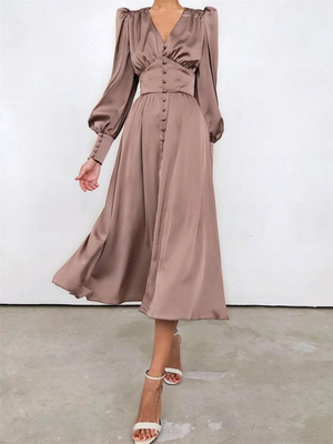 V-neck Satin Waist Retro Maxi Dresses