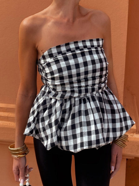 Plaid Splicing Ruffle Strapless Sweet Tank Tops&Camis