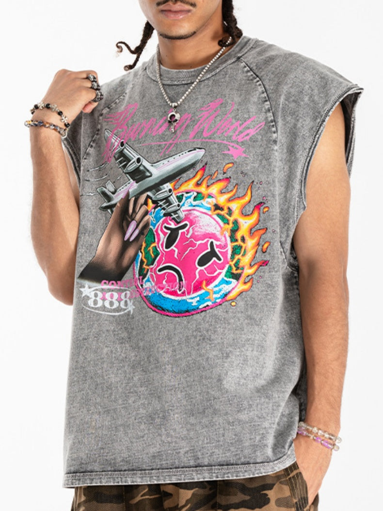 Retro Washing Water Printed Tank Tops