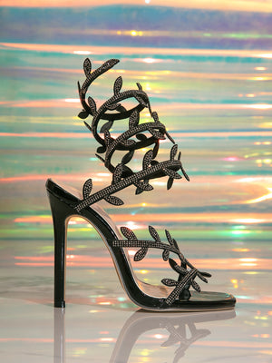 Leaf-shaped Rhinestone Snake-shaped Strap Rhinestone Stiletto Sandals