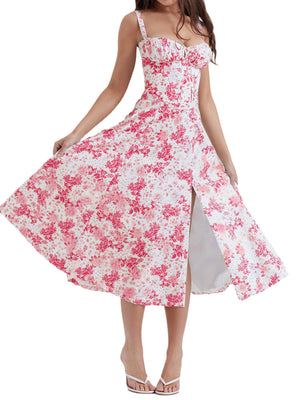 Waist Cinching With Straps A-line Skirt Split Suspenders Sweet Maxi Dresses