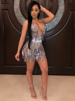 Sequined Two-piece Spliced Sexy Backless Nightclub Tie-up Dress