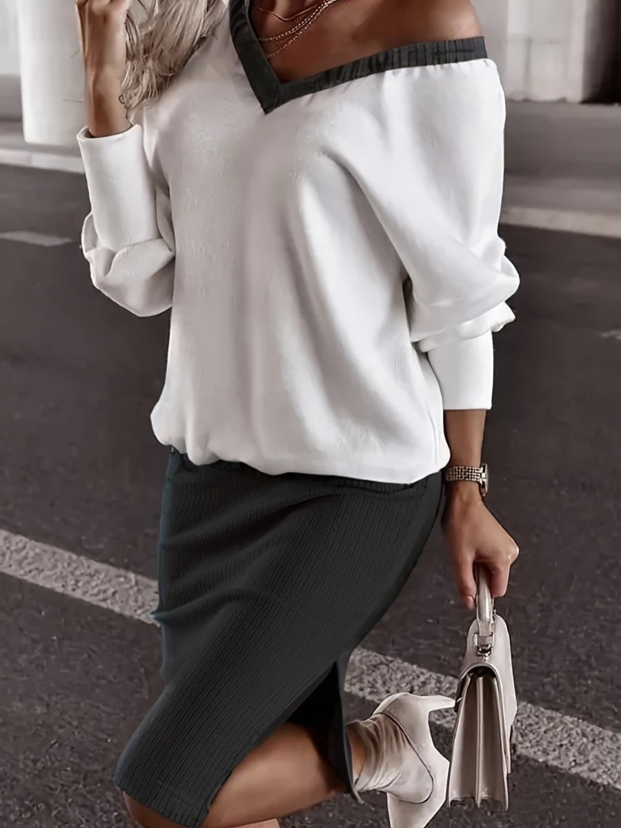 Loose-fit V-neck Sweatshirts&Hoodies Hip-hugging Slit Skirt Set 2-piece Sets
