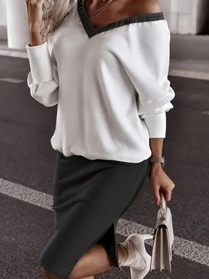 Loose-fit V-neck Sweatshirts&Hoodies Hip-hugging Slit Skirt Set 2-piece Sets