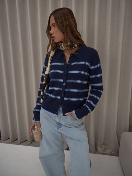 Wool Collar Striped Single-breasted Knit Cardigan