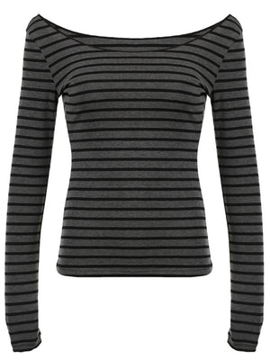 Striped Color Blocking Off-shoulder Slimming Off-shoulder Long-sleeved T-shirt