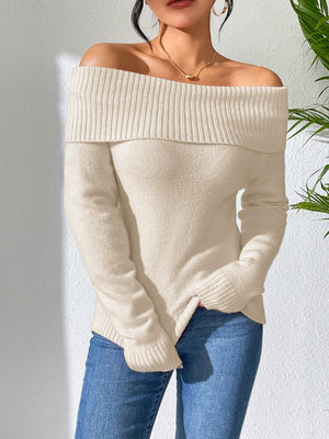 Liber Autumn women's knitted off-shoulder one-shoulder pullover mesh see-through top