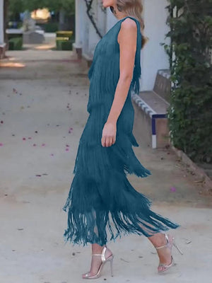 Tassel Sloping Shoulders Asymmetrical Maxi Dresses