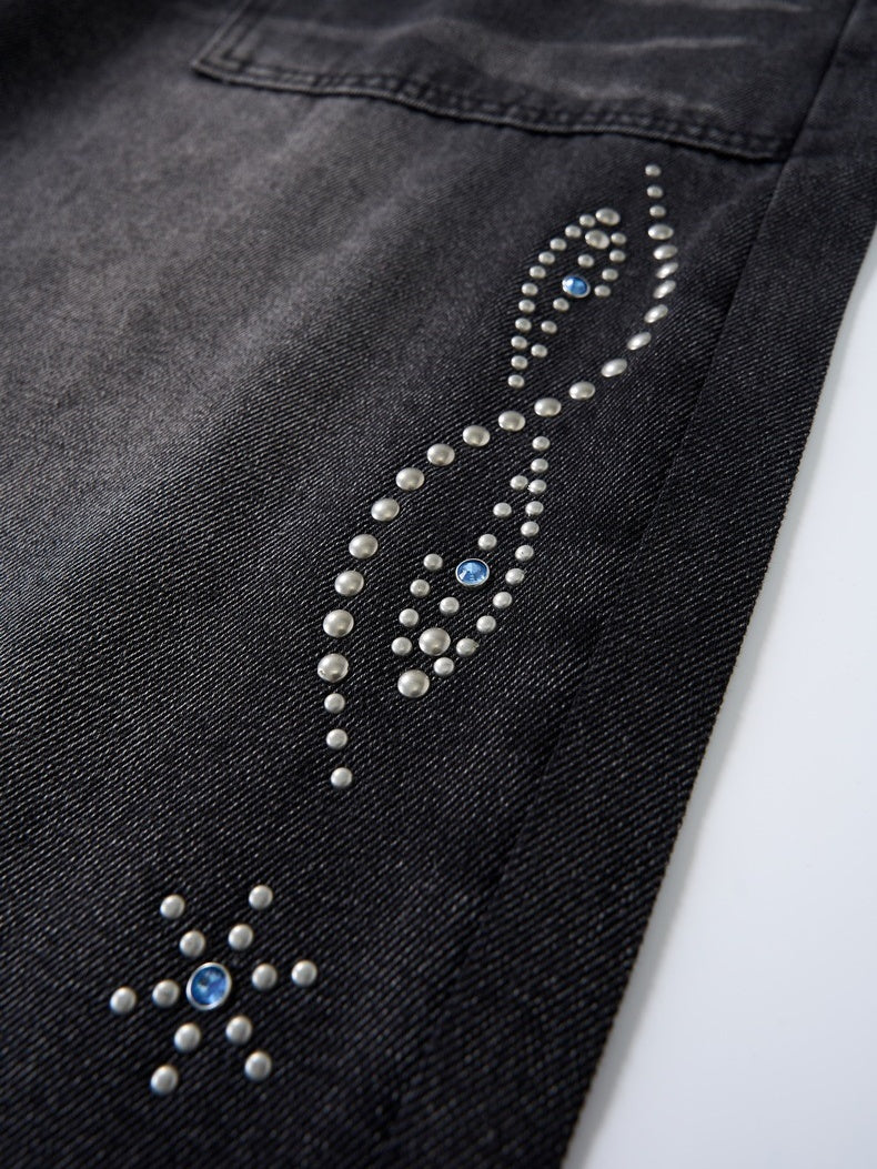 Black Cat Whiskers Sticker Bag Rhinestone-studded Distressed Wide-leg Jeans