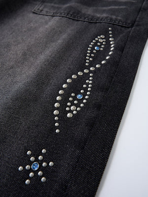 Black Cat Whiskers Sticker Bag Rhinestone-studded Distressed Wide-leg Jeans