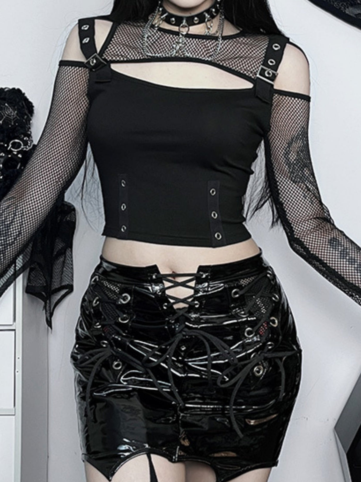 Y2K Hollow Out Off-shoulder Grid Splicing Long-sleeved T-shirt