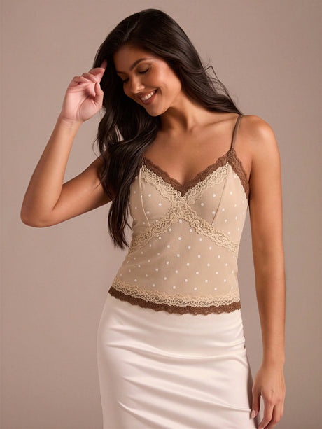 Polka Dot Mesh Lace Color-blocked Camisole