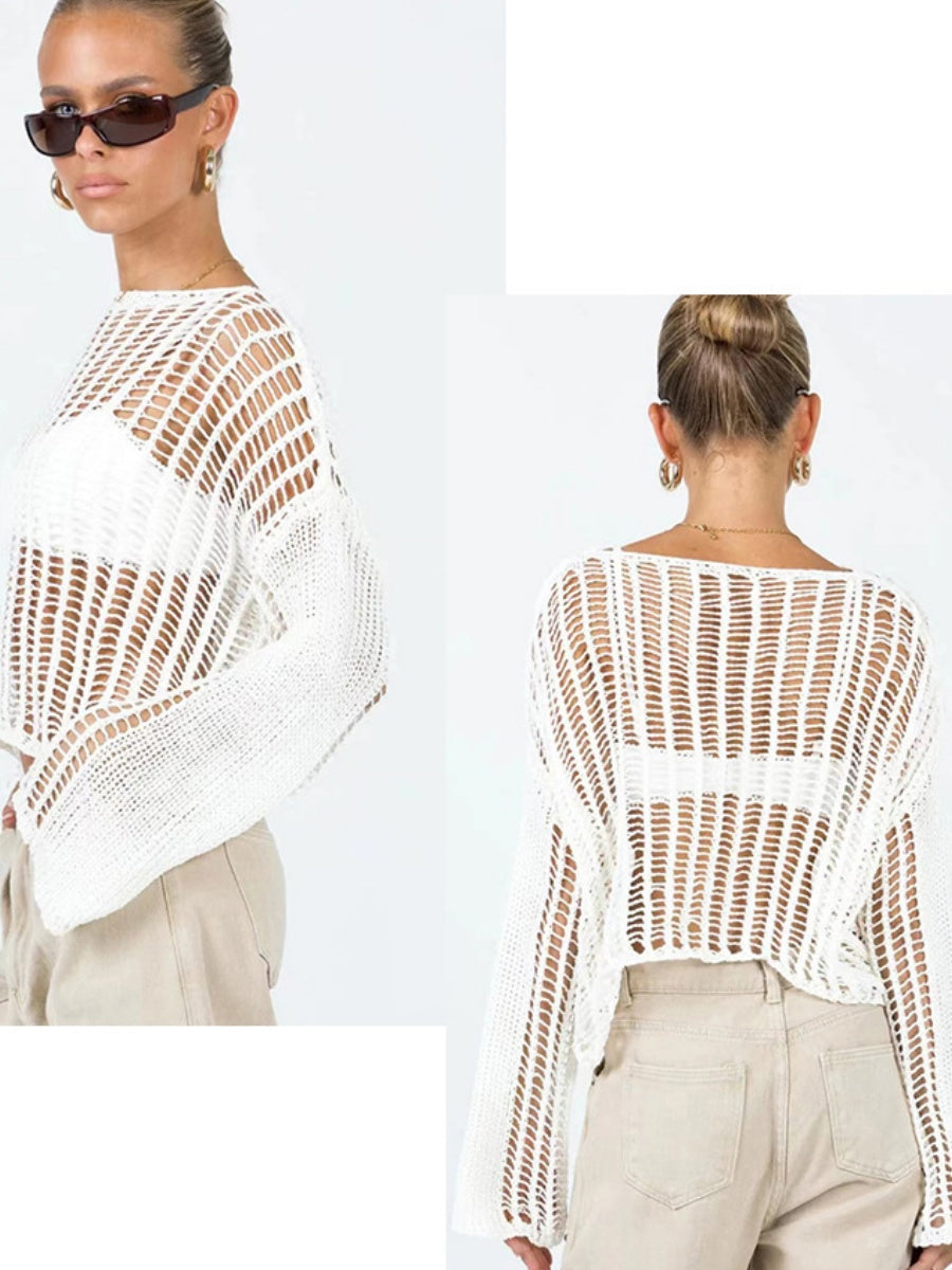 Liber Autumn women's see-through knitted loose hollow pullover mesh see-through top