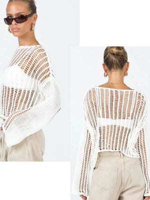 Liber Autumn women's see-through knitted loose hollow pullover mesh see-through top