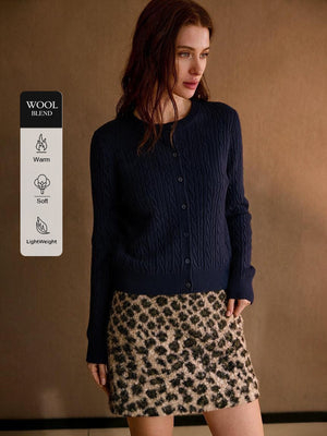Wool Blend Cable Knit Crew Neck Single-breasted Cardigan