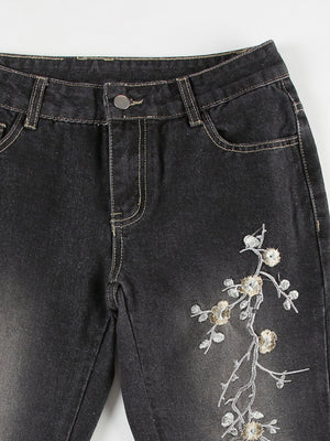 Floral Embroidery Retro Bell-bottoms Jeans