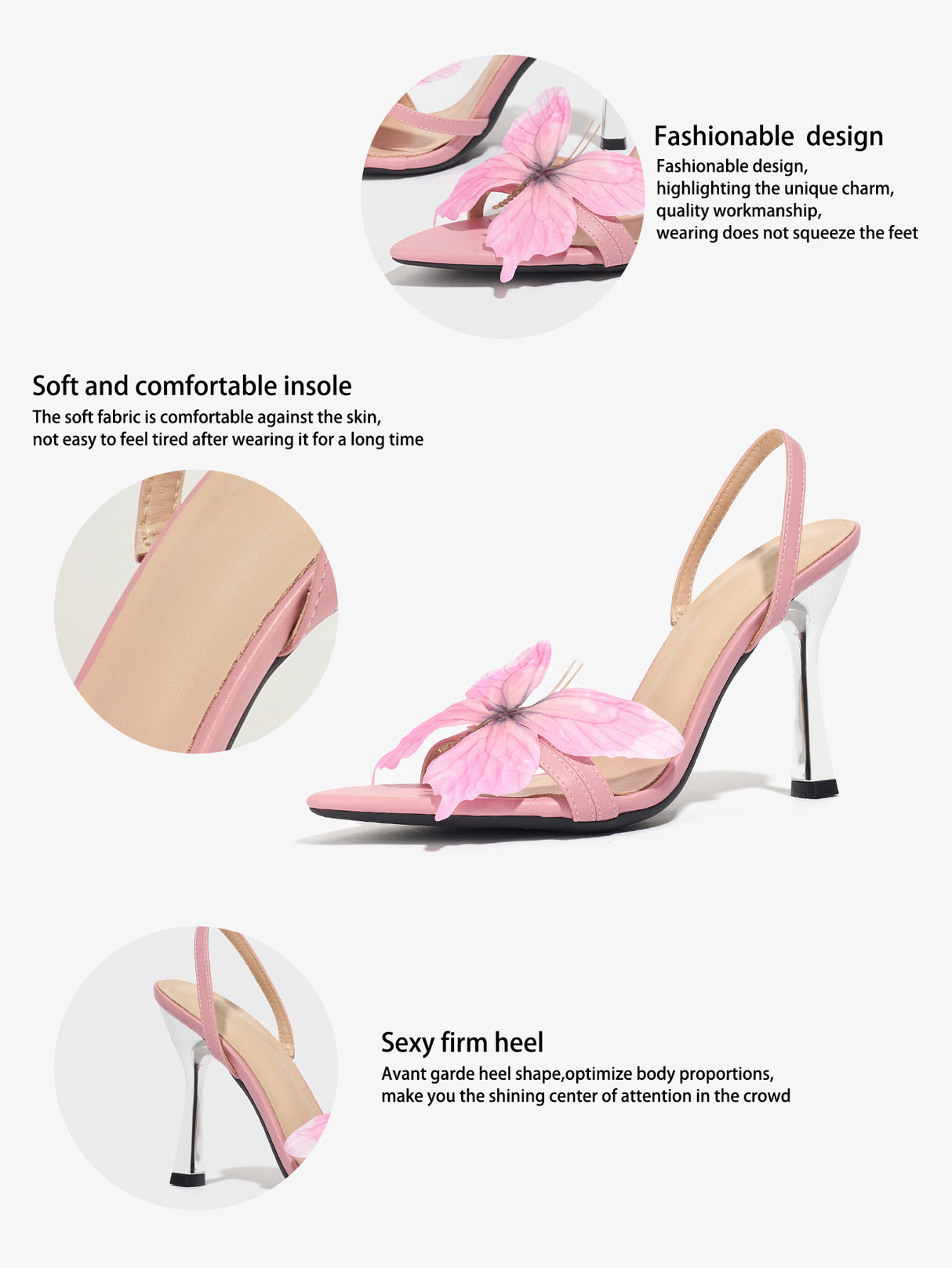 Pink 3D Butterfly Pointed-toe High-heeled Sandals