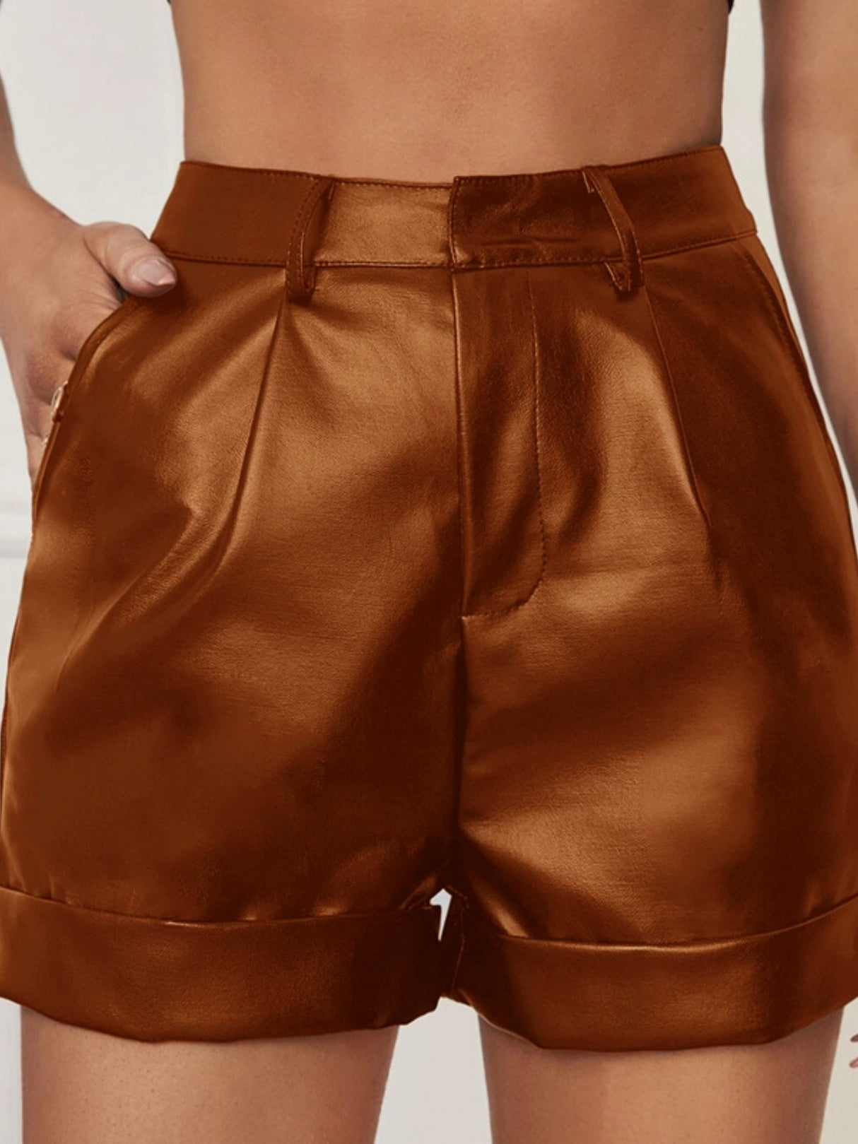 PU Leather High Curls And Pleats At The Hem Sexy Shorts