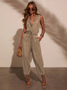 Denim Waist Cinching With Straps V-neck Sleeveless Loose-fit Jumpsuits