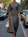 Solid Color Fitted Waist Dress, Casual Batwing Sleeve Long Skirt