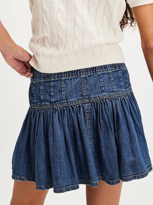 Denim Button Tie High-waisted A-line Pleated Skirt
