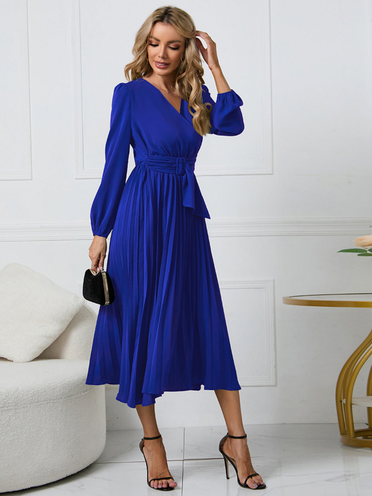 Pleated Skirt V-neck Tie Maxi Dresses