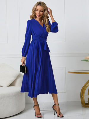 Pleated Skirt V-neck Tie Maxi Dresses