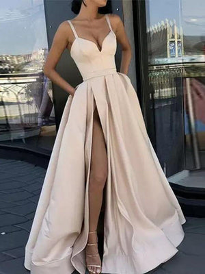 Solid Color Satin Spaghetti Strap Long Dress
