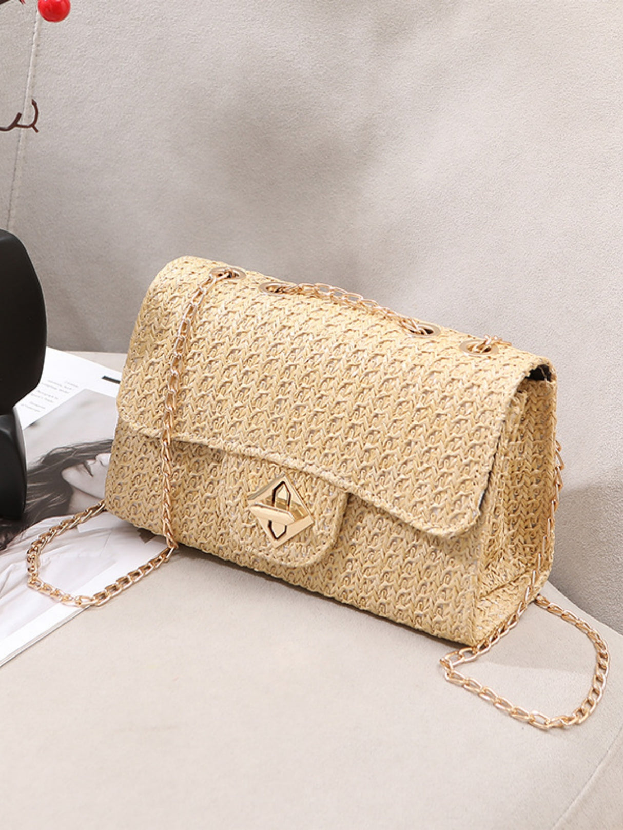 Solid Color Straw Crossbody Bag For Vacation