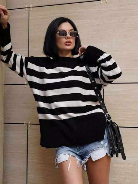 Liber Crew Neck Stripes Contrasting Colors Knitted Sweater