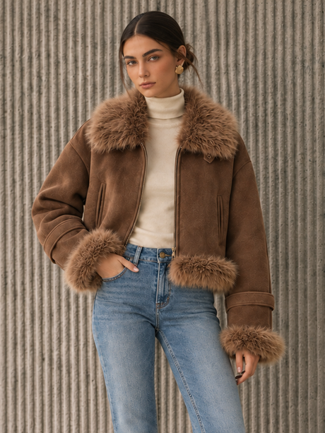 Color-blocked Leather Patchwork Long-sleeved Coat