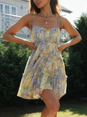 Resort-style Floral Print Multi-layered Ruffled Short Sundress
