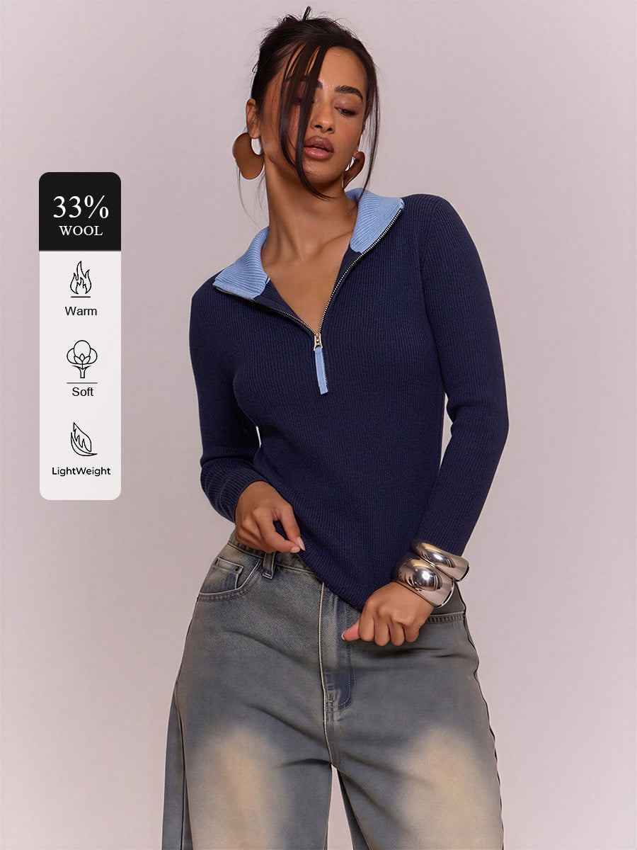 Wool Blend Color-blocked Half-zip Stand Collar Ribbed Pullover Sweater