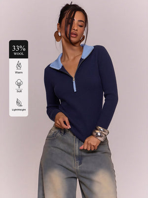 Wool Blend Color-blocked Half-zip Stand Collar Ribbed Pullover Sweater