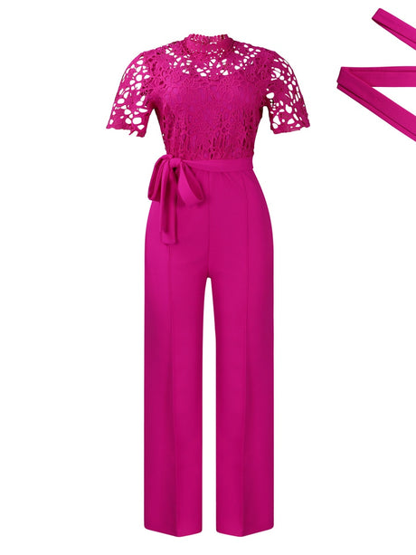 Lace Trim Hollow Short Sleeve Bandage High Waist Wide Leg Jumpsuits