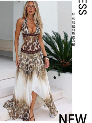 Halter Leopard Print Splicing Backless Beading Maxi Dresses