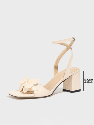 Apricot-colored Square-toe High-heeled Sandals With Three-dimensional Bow