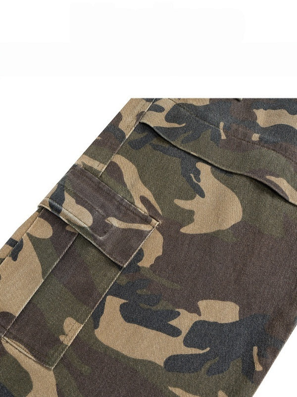 Retro Tattered Washing Camouflage Splicing Loose Work Jeans