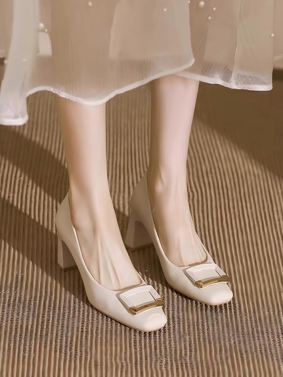 Liber Spring and Autumn Square Buckle Women's High Heels