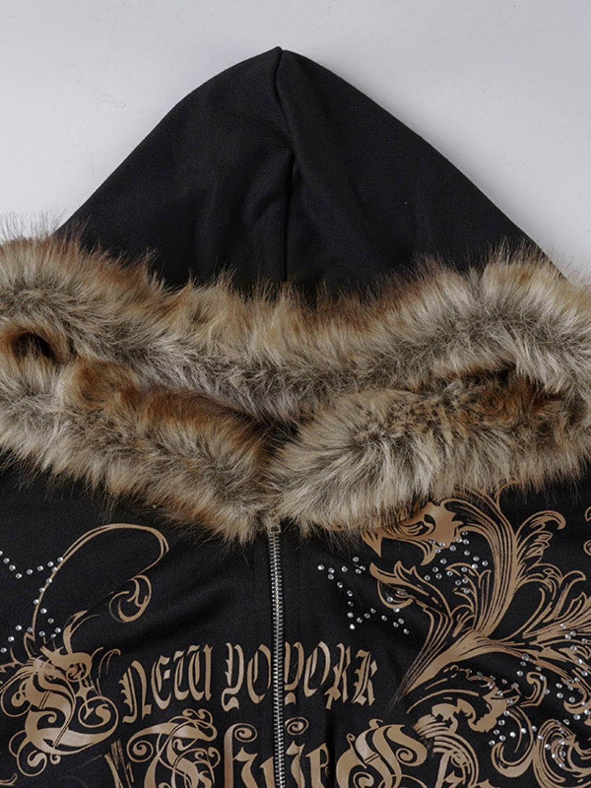 Printed Rhinestones Hoodies Plush Patchwork Waist Shaping Jackets