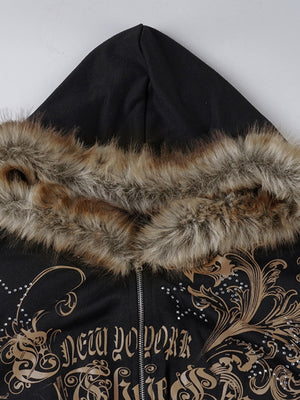 Printed Rhinestones Hoodies Plush Patchwork Waist Shaping Jackets