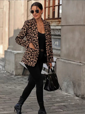 Distressed Cardigan Style Leopard Print Slim Fit Workplace Casual Suit Jacket