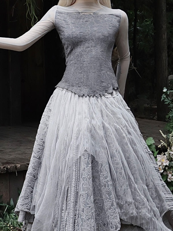 Textured Wool Knit Base Layer With Lace Sleeves