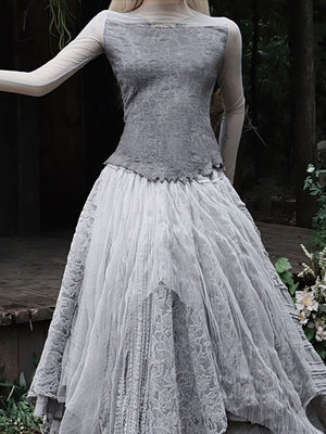 Textured Wool Knit Base Layer With Lace Sleeves
